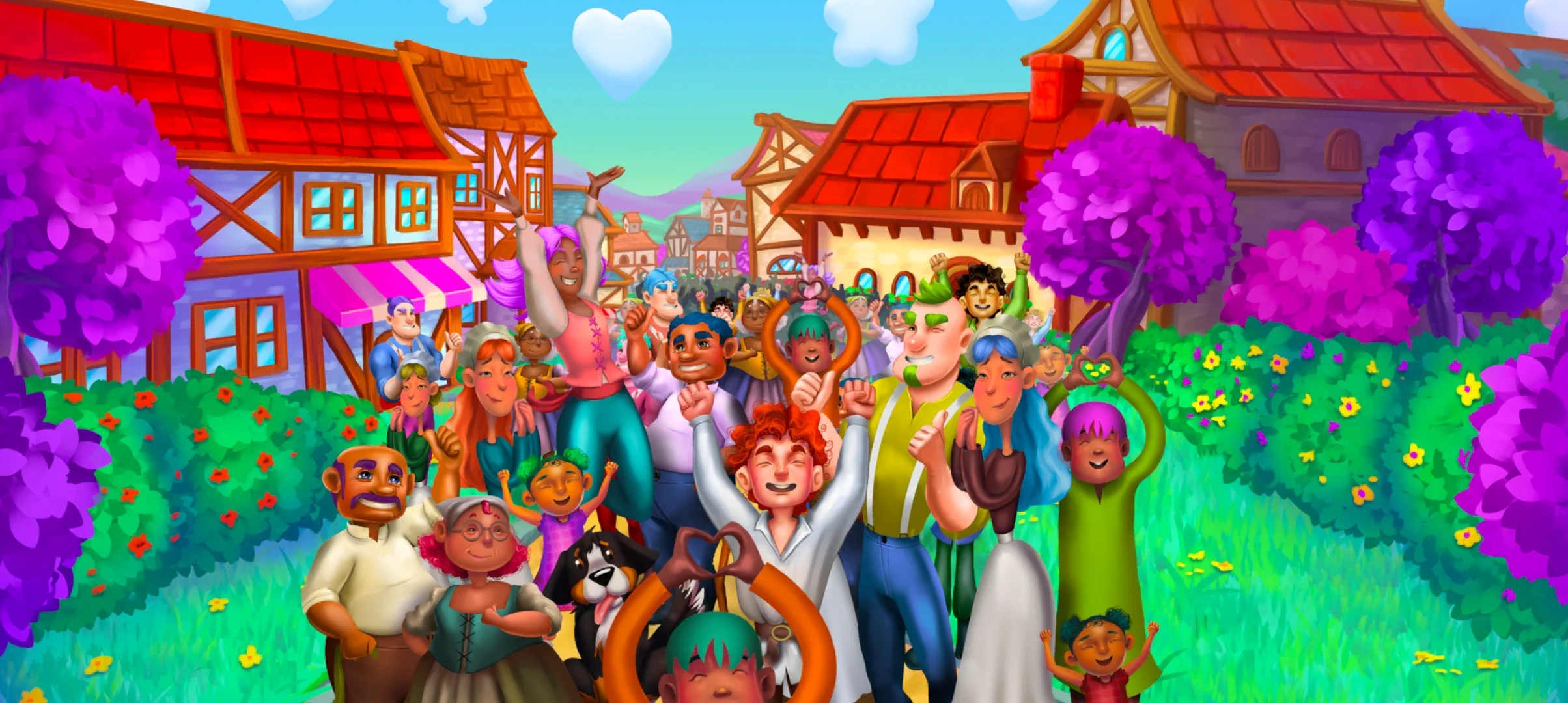 Cheering villagers celebrating in the streets of a colorful medieval town.